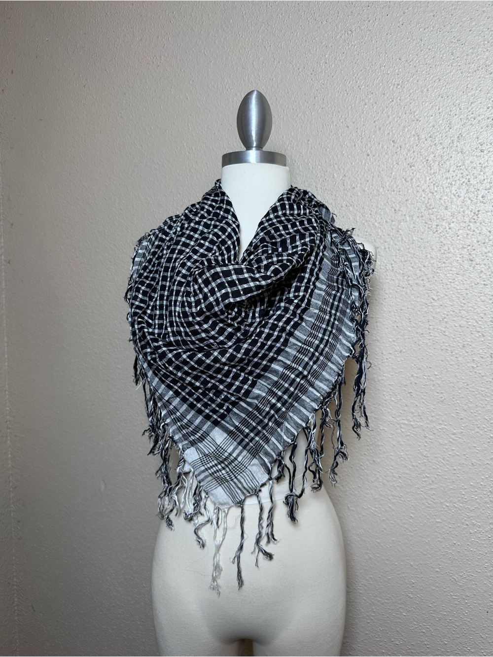 Black & White Plaid Fringe Wrap Scarf